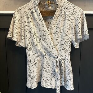 Monteau White Blouse with Black Dot Wrap and Tie Waist M